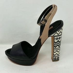 BCBG MaxAzria Marcel Black Leather Abstract Pattern Enamel Heel Platform Sandals